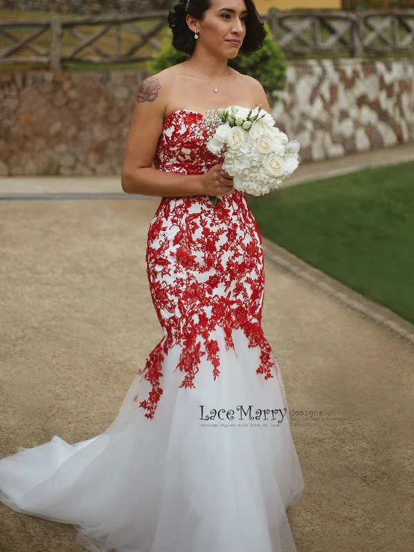 Price Drop Red Lace Wedding Dress with Ivory Tulle