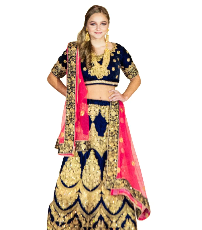 Value Deals Dazzling Navy Blue and Gold Velvet Indian Wedding Lehenga- SNT11069