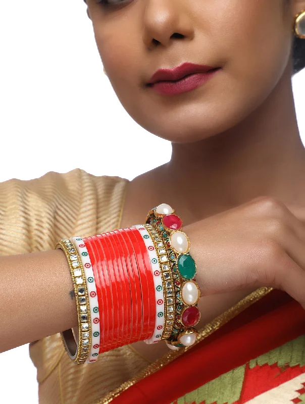 Act Now Red Chuda With Kundan Bangles & Heavy Meenakari Pearl Bangles - MRR5