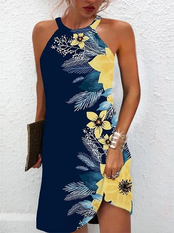Price Smash Halter Floral Casual Sleeveless Knitting Dress  QA46