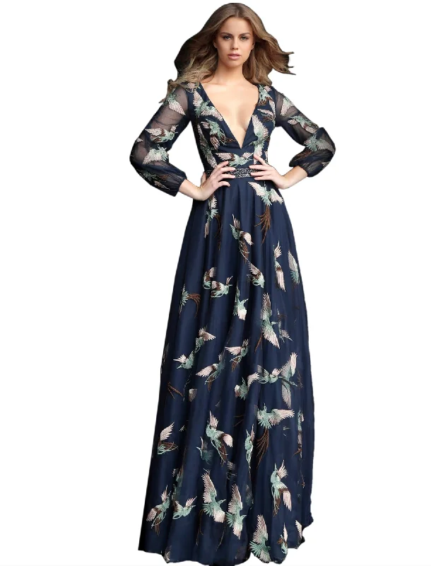 Quick Sale Jovani Navy Embroidered Long Sleeve V Neck Prom Gown