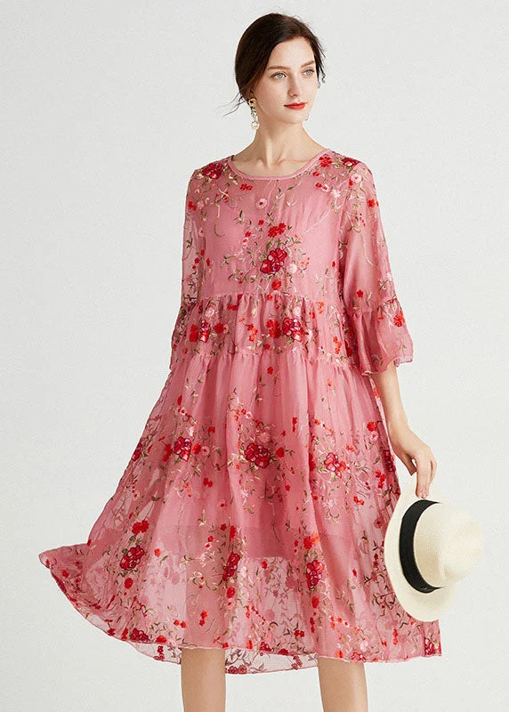 Lowest Prices Women Pink O-Neck Embroideried Lace Dresses Two Piece Set Summer LY0026 Lowest Prices Women Pink O-Neck Embroideried Lace Dresses Two Piece Set Summer LY0026