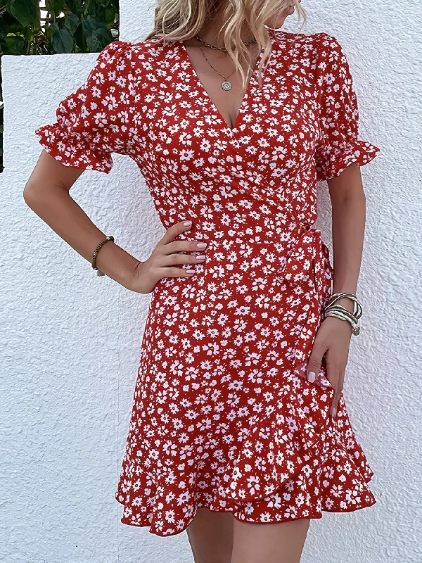 Best Deals Floral Print Ruffle Hem Dress, Casual V Neck Short Sleeve Dress, Women's Clothing AZ10010 Best Deals Floral Print Ruffle Hem Dress, Casual V Neck Short Sleeve Dress, Women's Clothing AZ10010
