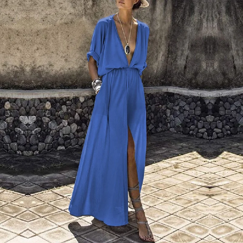 Discount Days Summer Women Loose Pockets Deep V Neck Maxi Dress