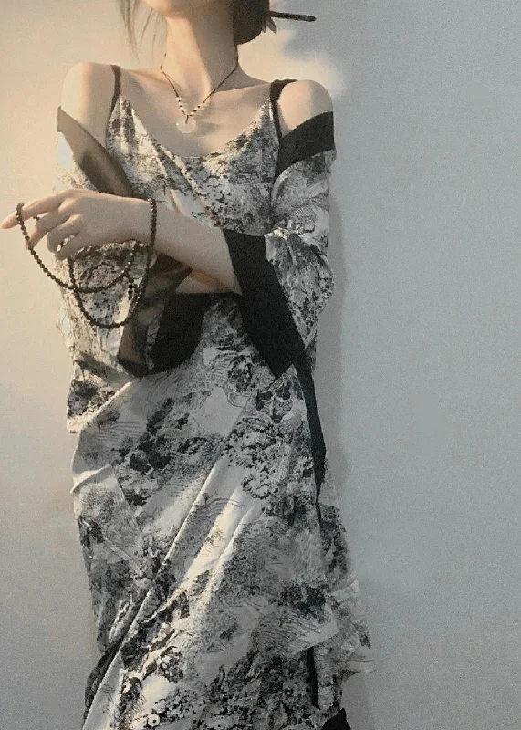Clearance Sale Vintage V Neck Print Ice Silk Pajamas Robe And Slip Dress Two Piece Set Summer TO1045 Clearance Sale Vintage V Neck Print Ice Silk Pajamas Robe And Slip Dress Two Piece Set Summer TO1045