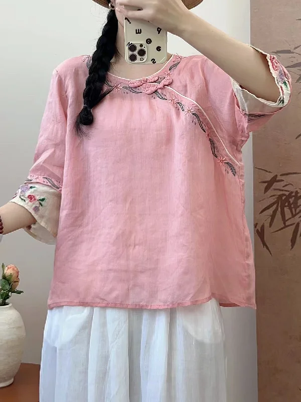 Early Bird Discount Women Summer Ethnic Embroidery Ramie Shirt QW1033