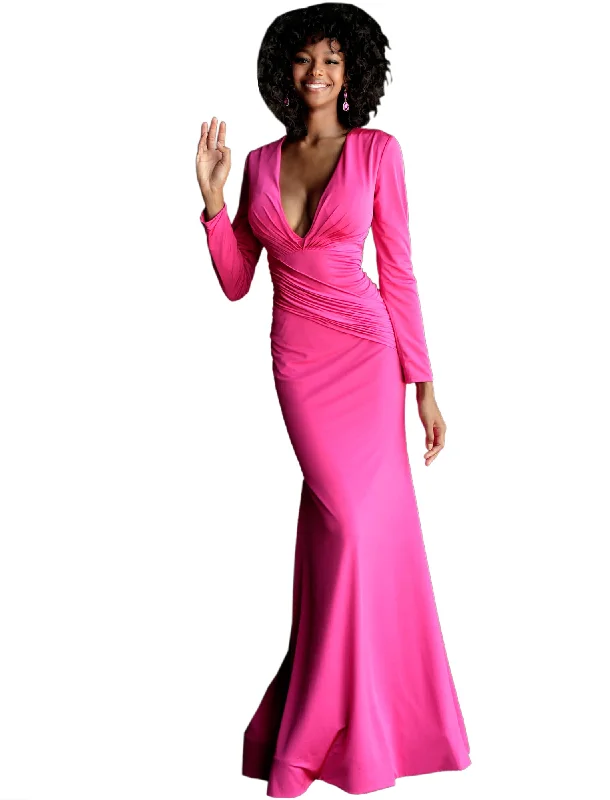 New Deals Jovani Hot Pink Long Sleeve V Neck Prom Dress