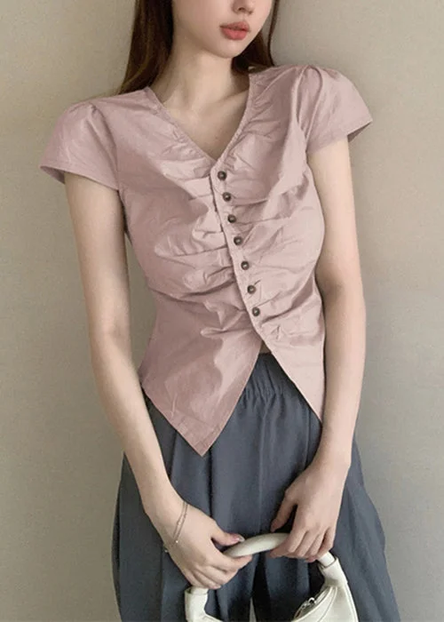 Epic Deals New Pink V Neck Button Cotton T Shirt Summer OP1096