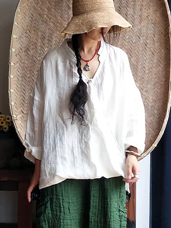 Special Promotion Women Vintage Summer Stitching Linen Shirt QW1034
