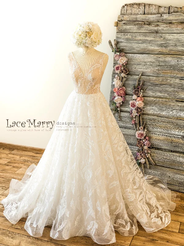 Members Only Unique Lace Wedding Dress in Sparkly Feather Pattern