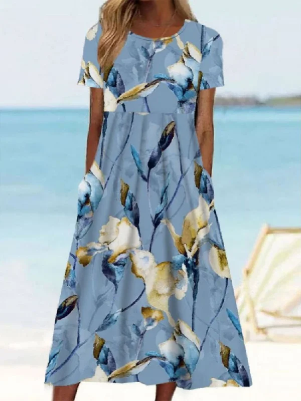 Stock Clearance Casual Crew Neck Floral Dress  QM63