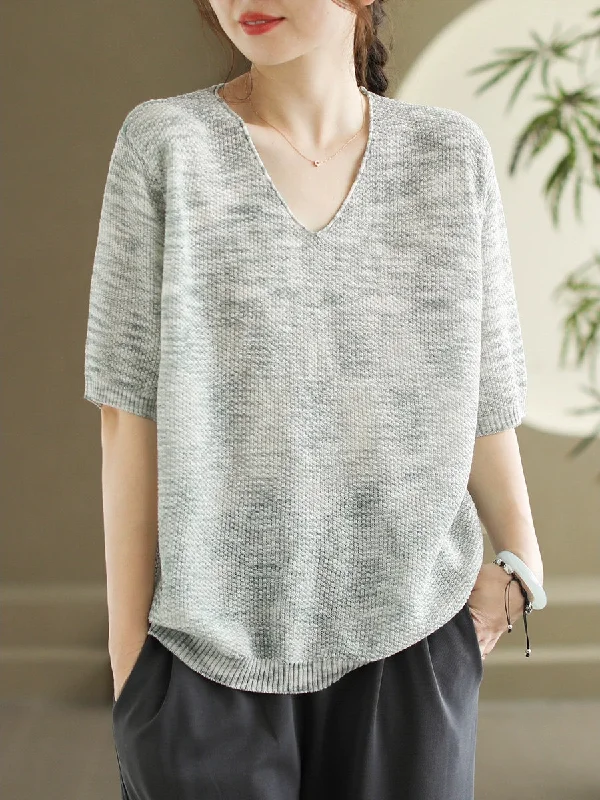 Extra Savings Women Summer Casual Knitted Linen V-Neck Shirt WE1029
