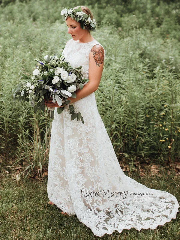 Can't Miss Column Lace Wedding Dress with Champagne Satin