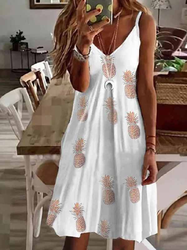 Amazing Deals V-neck loose pineapple floral print suspender dress Loosen Knitting Dress  QV110