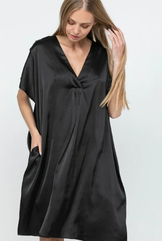 Super Deal Olivia Satin Dress with Rhinestones & Pockets