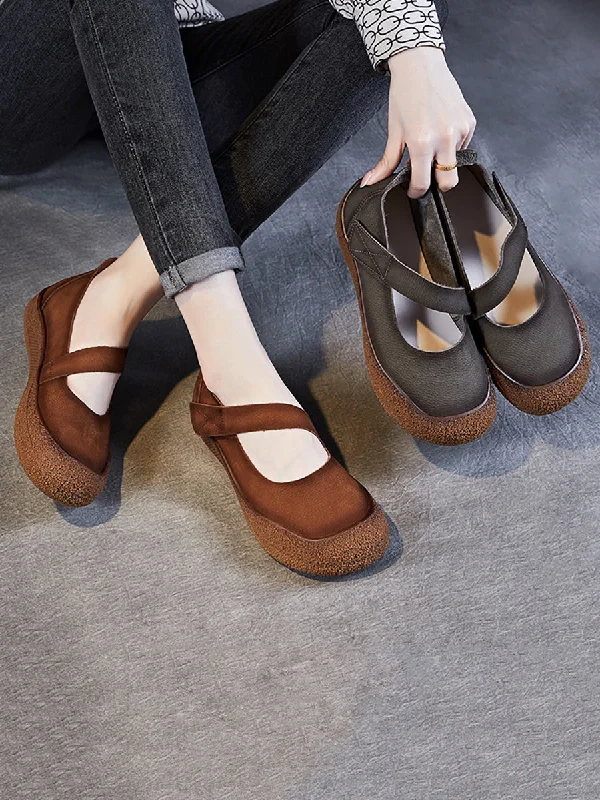 Can't Miss Women Summer Retro Leather Solid Flat Shoes QW1019