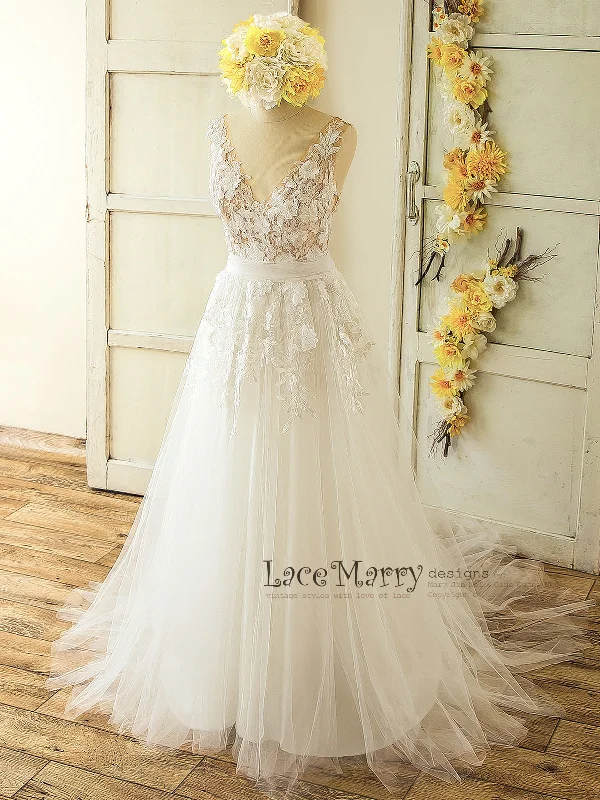 Grand Opening Sale 3D Lace Boho Wedding Dress with Sheer Nude Top