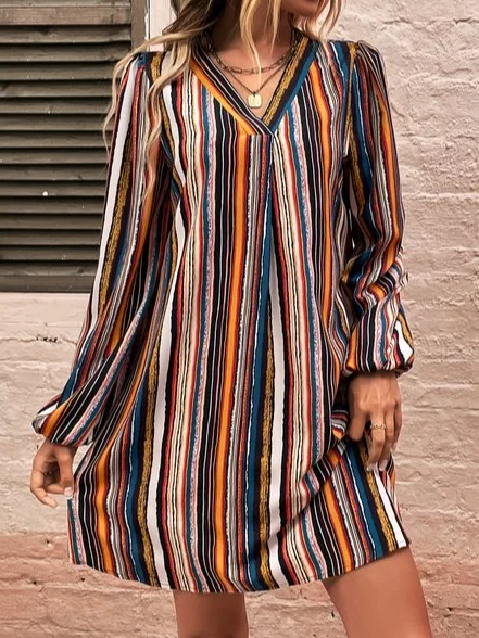 Weekend Flash Sale Striped V Neck Loose Casual Dress OY80