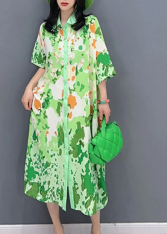 Time-Limited Offer Boutique Green Print Button Party Long Shirts Dress Sunmer LC0304