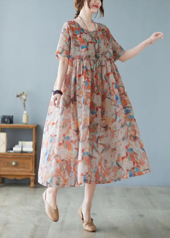 Discount Deals Women Oversized Print Exra Large Hem Cotton Long Dresses Short Sleeve LY0917