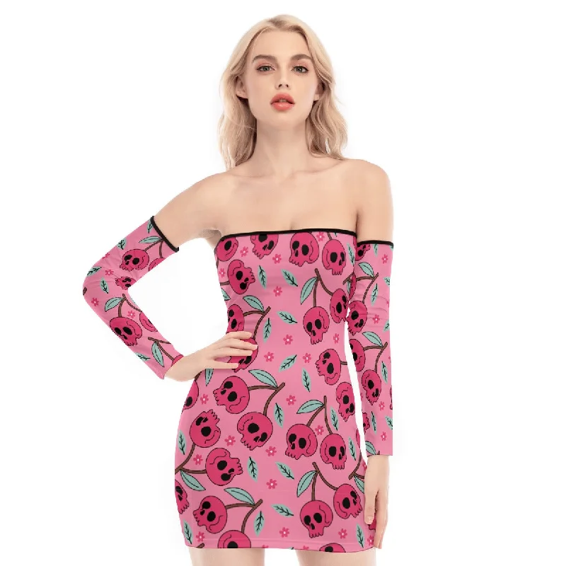 Price Rollback Pink Cherry Skulls Off-shoulder Back Lace-up Dress