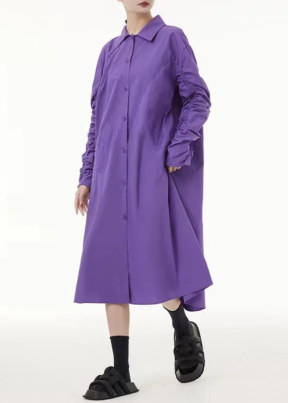 Can't Miss Boho Purple Peter Pan Collar Wrinkled Cotton Long Dress Spring LC0163