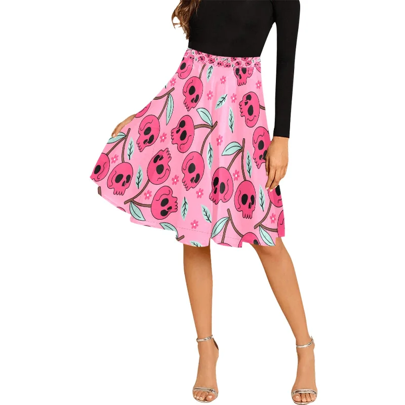 Great Bargains Pink Cherry Skulls Pleated Midi Skirt