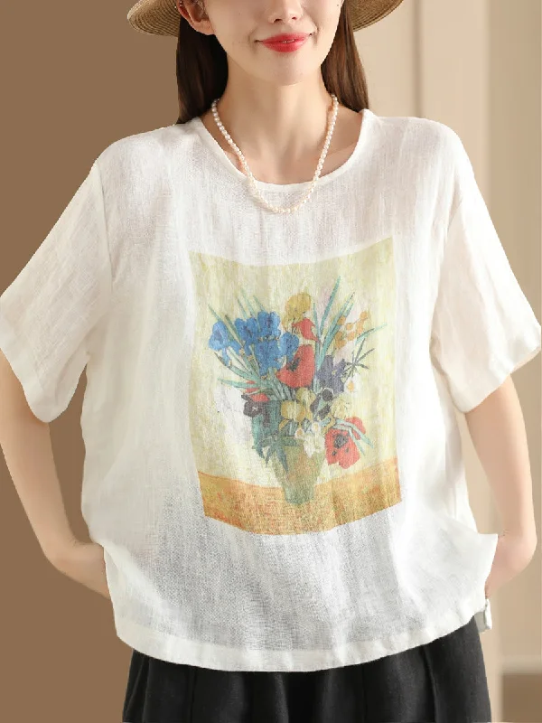 Early Bird Discount Women Summer Casual Flower Linen Pullover Shirt TY1022