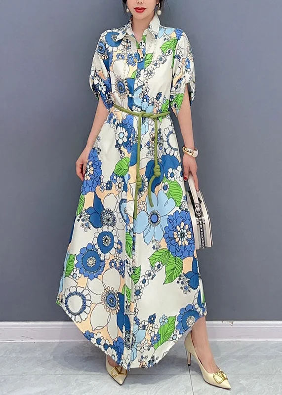 Online Only Art Blue Peter Pan Collar Print Cotton Maxi Shirts Dresses Summer LC0349 Online Only Art Blue Peter Pan Collar Print Cotton Maxi Shirts Dresses Summer LC0349