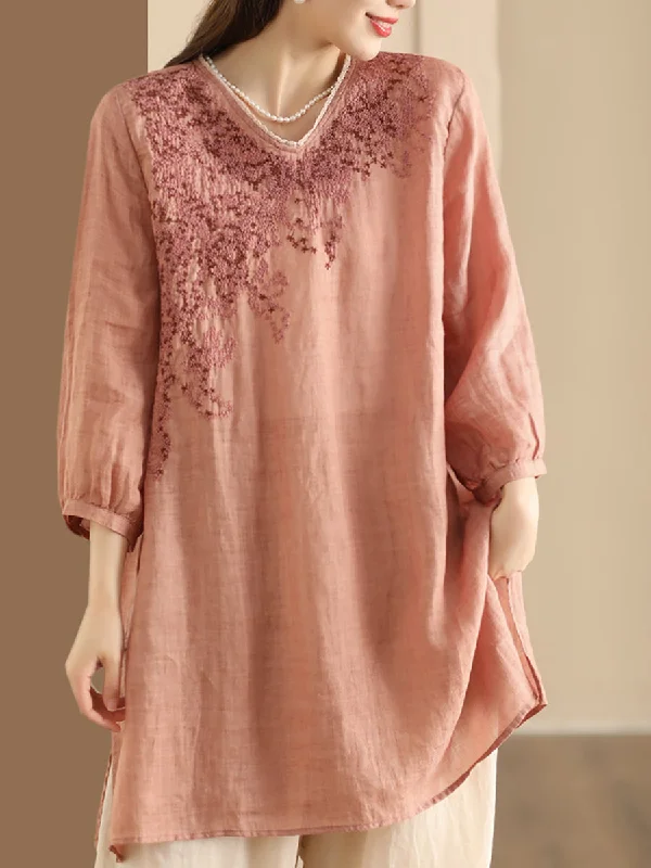 Savings Bonanza Women Summer Artsy Embroidery Ramie Long Shirt AS1022
