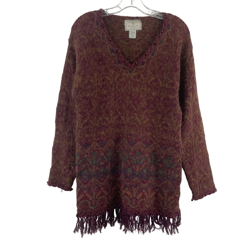 Deal Dash Express Tricot VTG Maroon Tapestry Fringe Sweater Dress Womens Small Mohair Wool