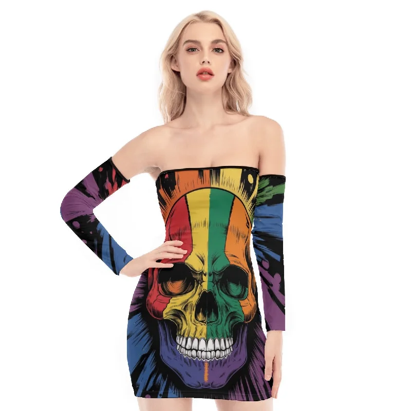 Exclusive Savings Rainbow Pride Skull Off-shoulder Back Lace-up Dress
