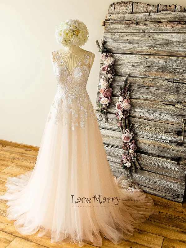 Year-End Clearance Boho Wedding Dress with Sparkly Ivory Flower Applique