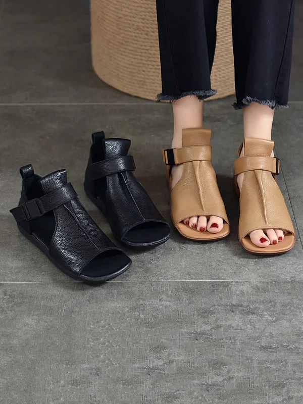 Price Smash Women Summer Solid Leather Open-toe Flat Shoes UI1023