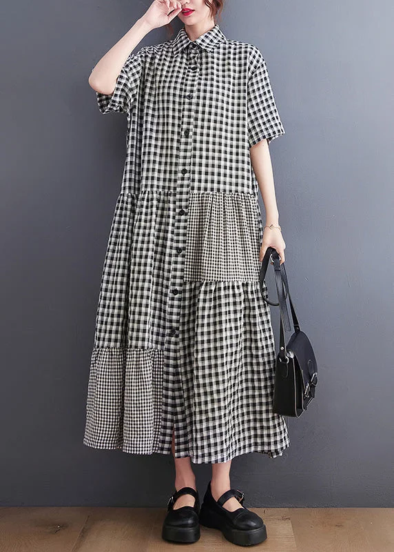 YEAR-End Sale Black Patchwork Button Vacation Long Dresses Short Sleeve AC2065