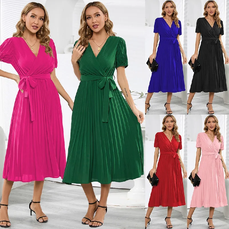 Markdowns V neck bubble sleeve pleated long dress