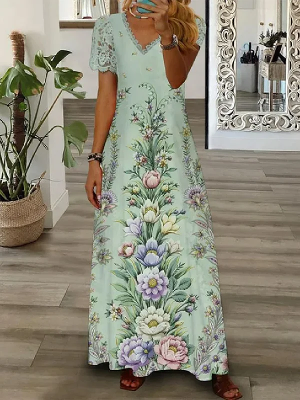 Clearance Sale Regular Fit Floral Vacation V Neck Dress CC33