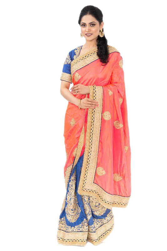 Super Savings Beautiful Mauve and Blue Embroidered Indian Wedding Ready-Made Pre-Pleated Sari Super Savings Beautiful Mauve and Blue Embroidered Indian Wedding Ready-Made Pre-Pleated Sari