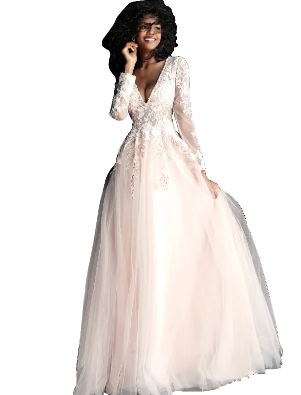 Best Deals Jovani Blush Floral Appliques Long Sleeve Prom Ballgown Dress