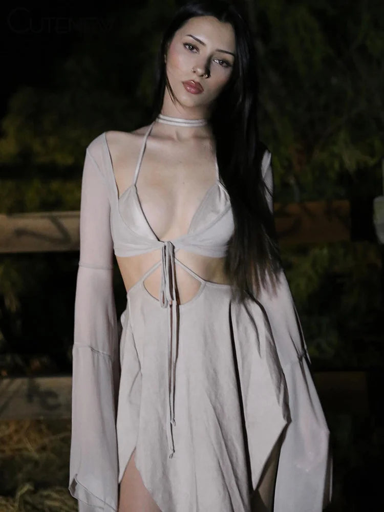Low Prices Asymmetrical Bell Sleeve Lace-Up Dress