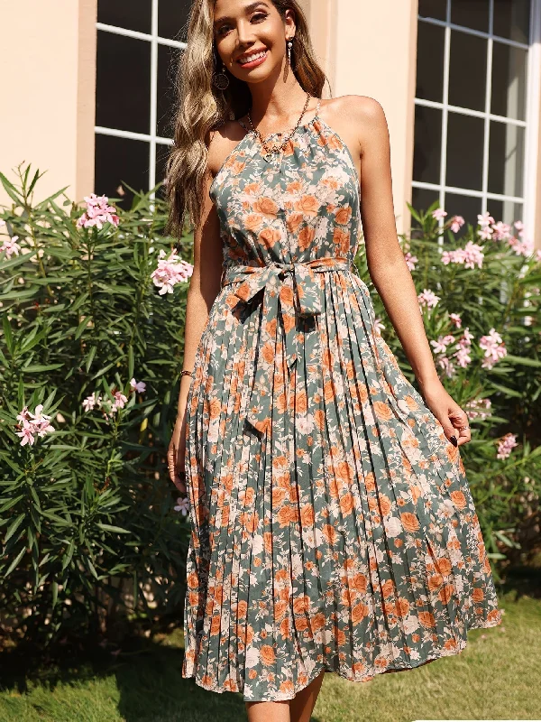Price Rollback Floral Print Halter Neck Dress, Vintage Sleeveless Pleated Tie Waist Dress, Women's Clothing AZ10017 Price Rollback Floral Print Halter Neck Dress, Vintage Sleeveless Pleated Tie Waist Dress, Women's Clothing AZ10017