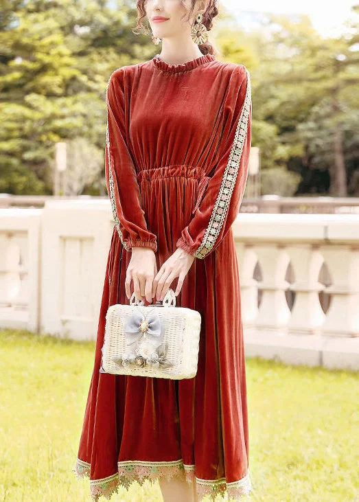Limited Time Offer Plus Size Orange Cinched Patchwork Lace Silk Velour Long Dress AC3049