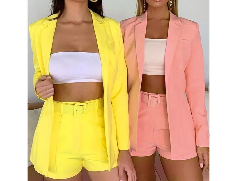 Take Advantage Set: Plain Open Front Blazer + High Waist Dress Shorts + Belt YR4056