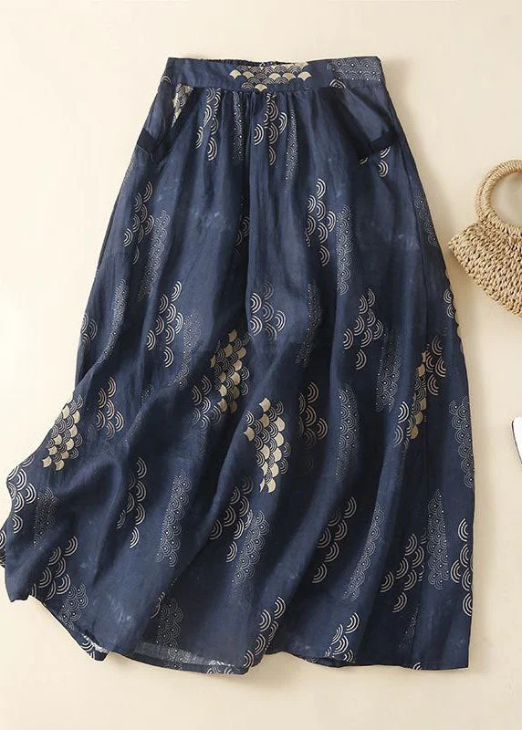 Crazy Deals Bohemian Navy Wrinkled Pockets Patchwork Linen Skirts  Summer LY0631