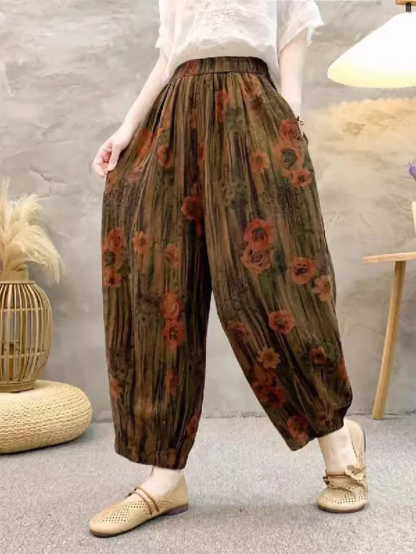 Bonus Savings Women Retro Summer Flower Linen Harem Pants QW1011