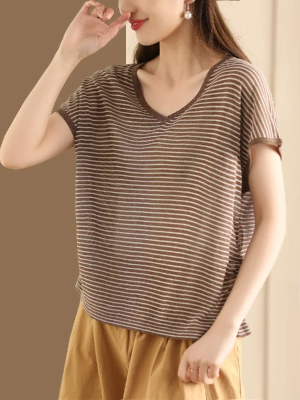 Midnight Sale Women Summer Casual Stripe V-Neck Shirt AA1013