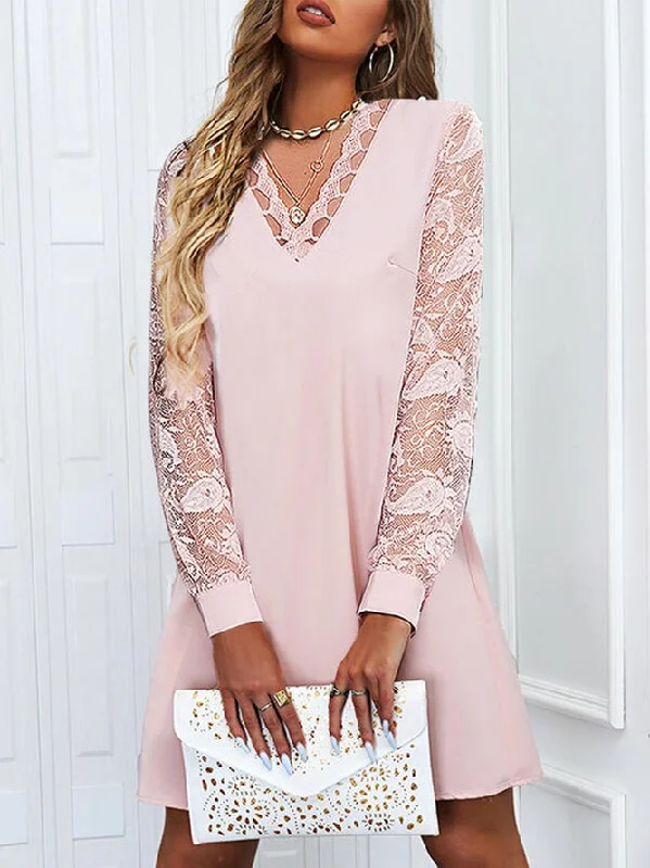 Shop and Save Elegant Plain Lace V Neck Dress F4169