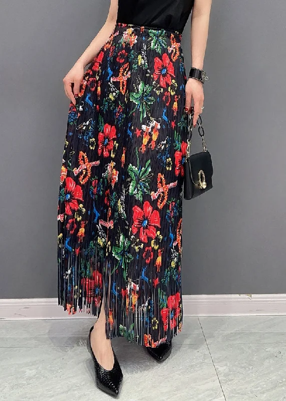 Buy Now Boho Black Wrinkled Tasseled Floral Print Cotton Skirts Spring LC0339