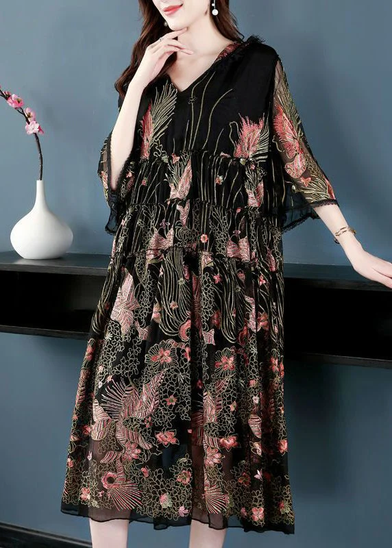 Overstock Sale Women Black Hooded Embroideried Silk A Line Dress Summer AC3000