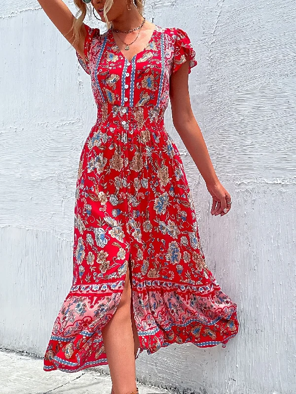 TIME-Limited Offer Tribal Floral Print Dress, Bohemian Flutter Sleeve Split Hem Ruched Maxi Dress, Women's Clothing AZ10012 TIME-Limited Offer Tribal Floral Print Dress, Bohemian Flutter Sleeve Split Hem Ruched Maxi Dress, Women's Clothing AZ10012